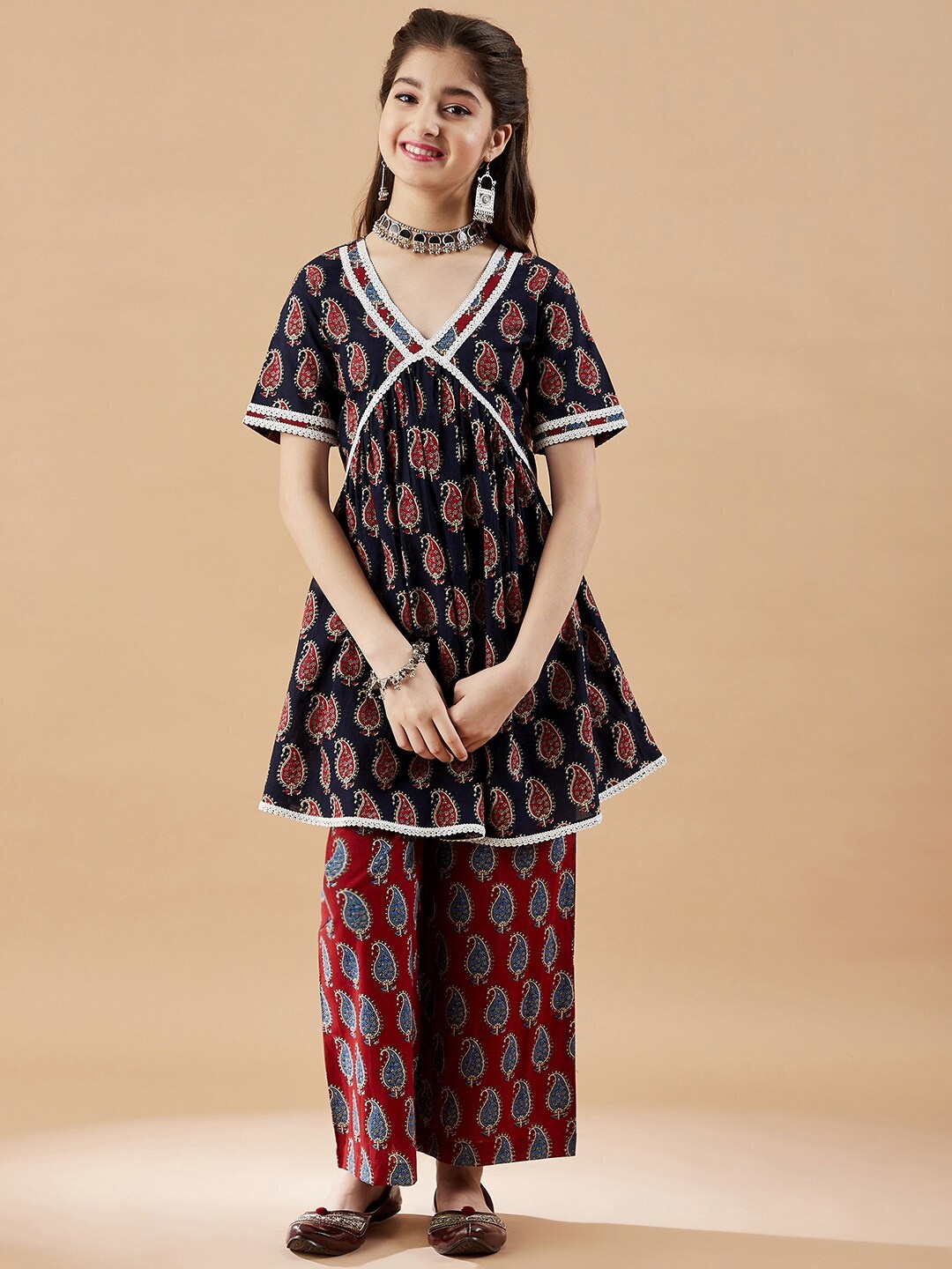 

Cherry & Jerry Girls Paisley Printed Pleated Kurta with Trousers, Blue