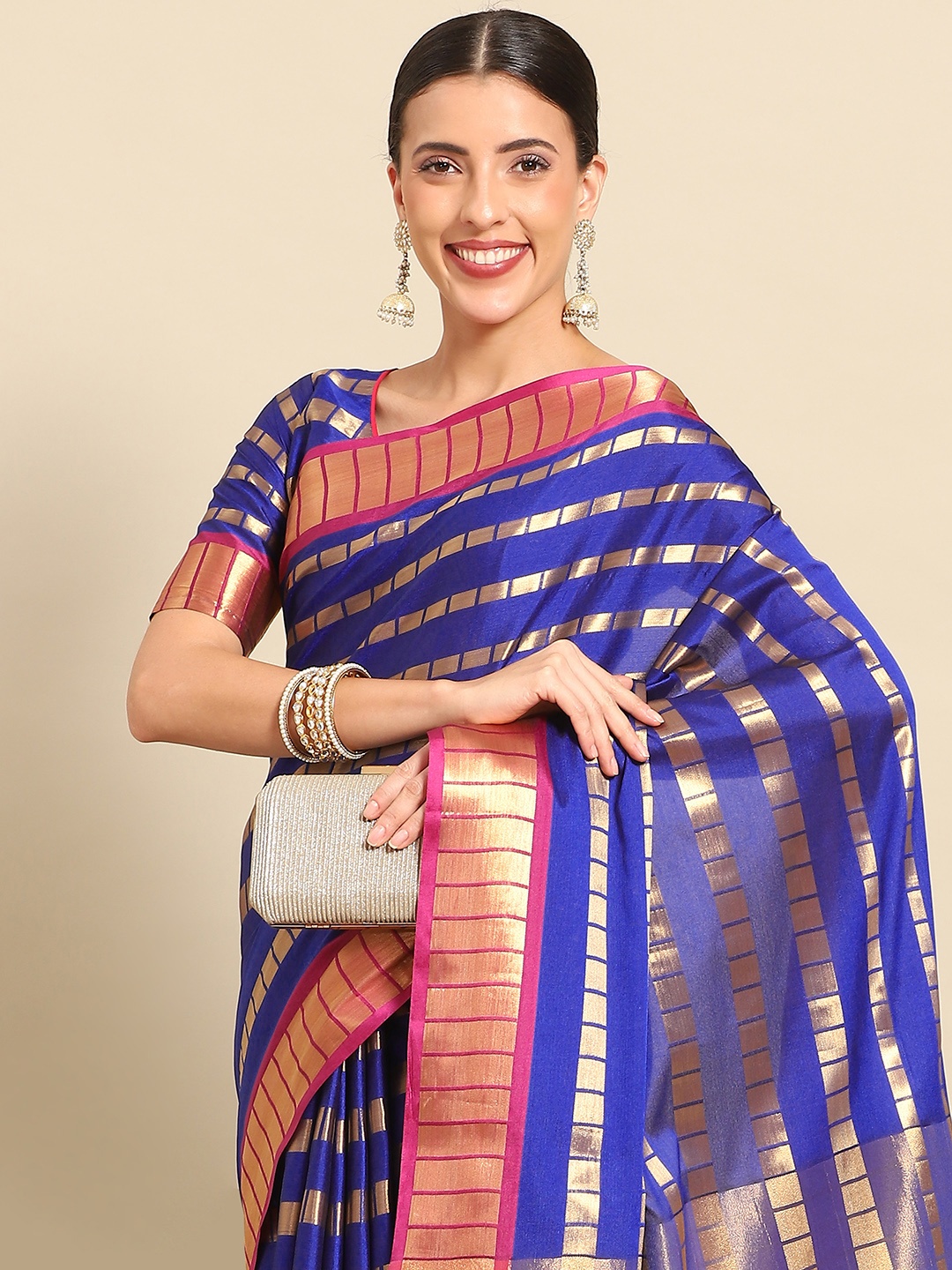 

KALINI Geometric Woven Design Zari Saree, Blue