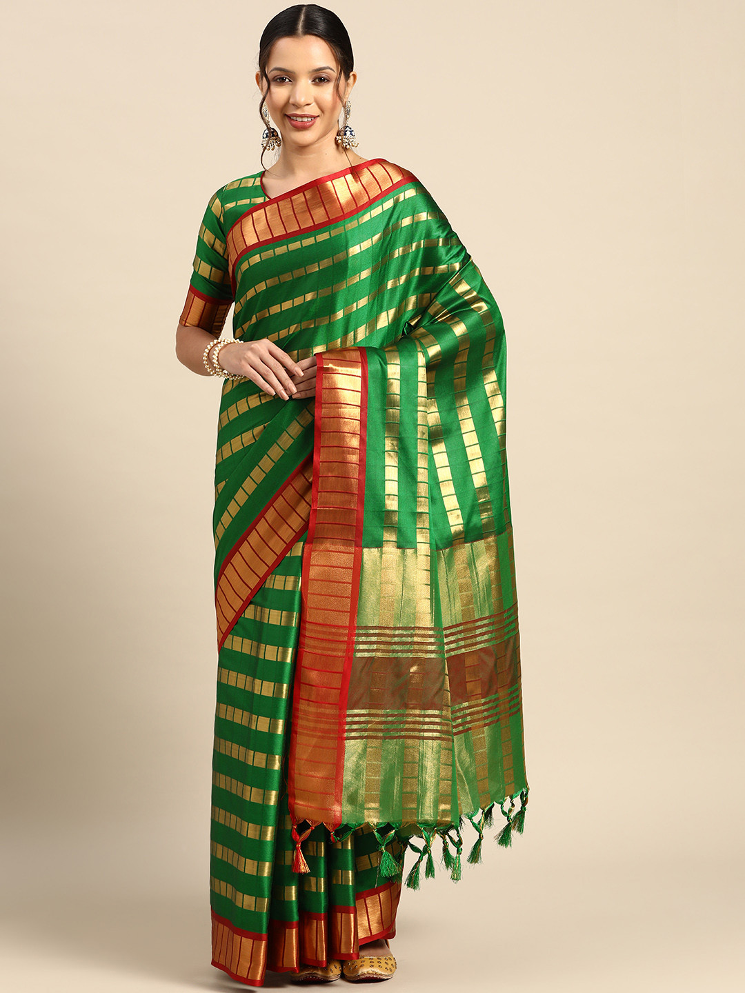 

KALINI Geometric Woven Design Zari Saree, Green