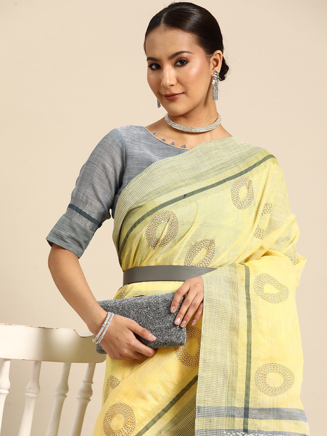 

Mitera Pure Linen Saree, Yellow