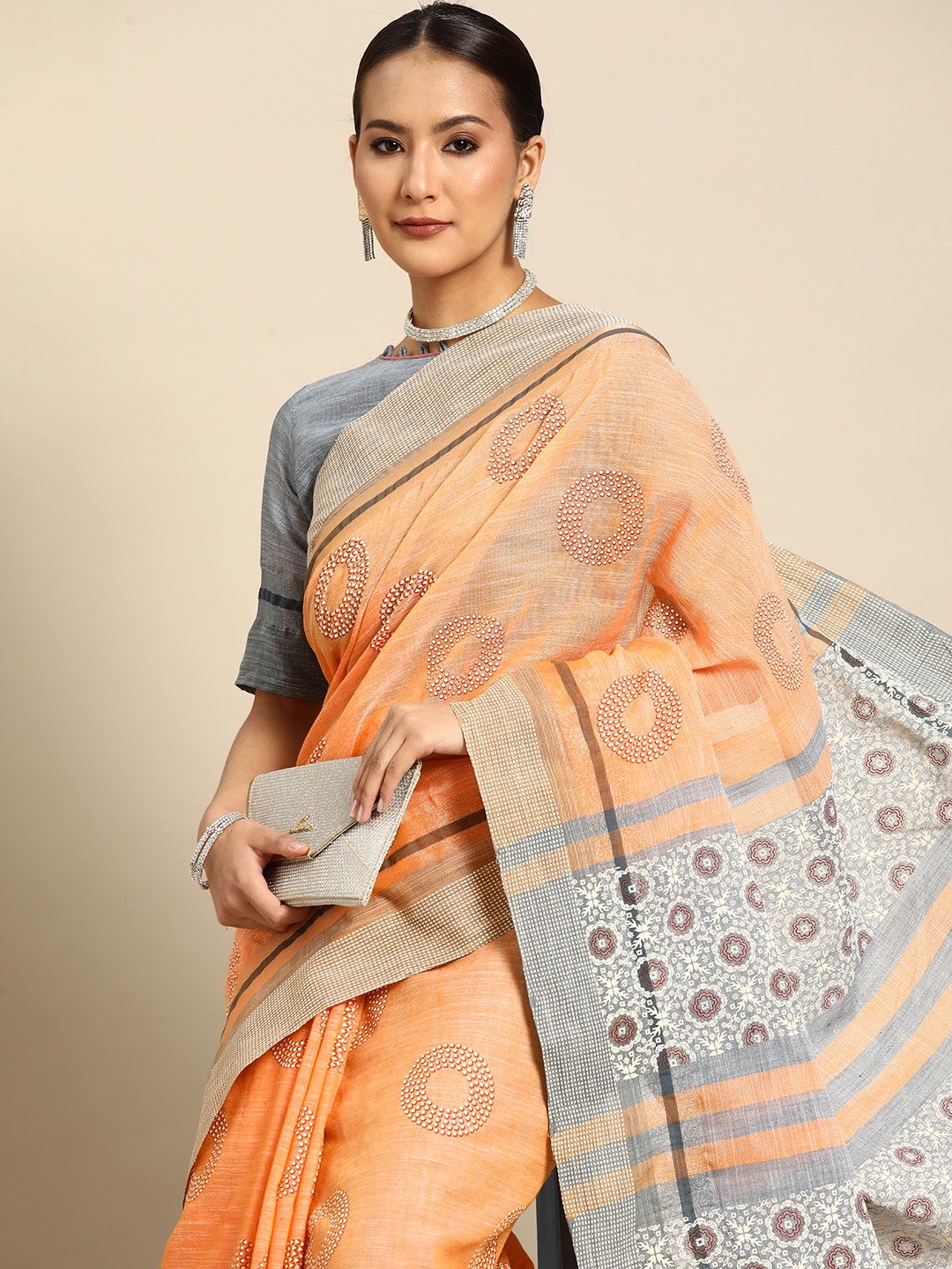 

Mitera Pure Linen Saree, Peach