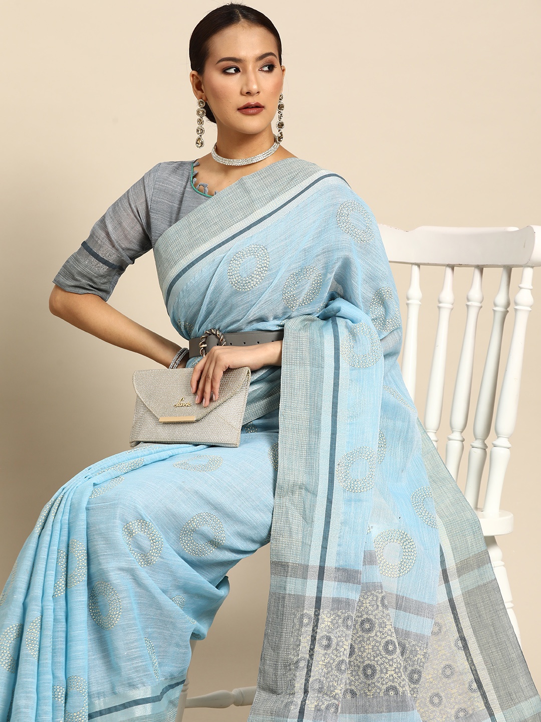 

Mitera Pure Linen Saree, Blue