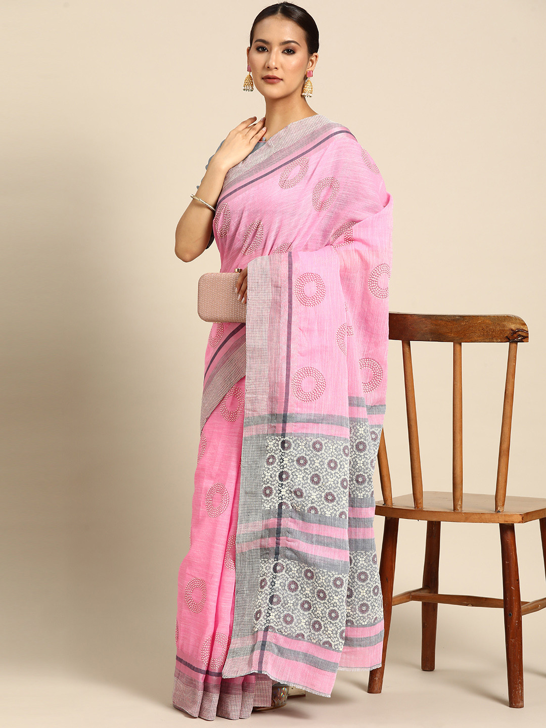 

Mitera Pure Linen Saree, Pink