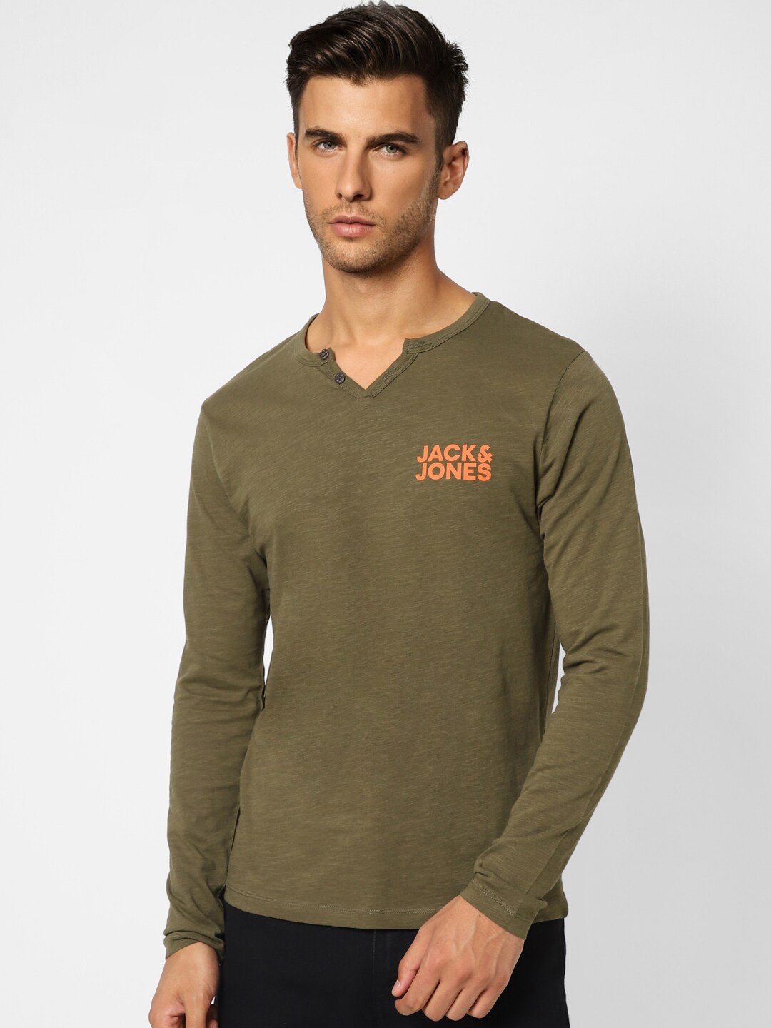 

Jack & Jones Men Printed Henley Neck Cotton T-shirt, Olive