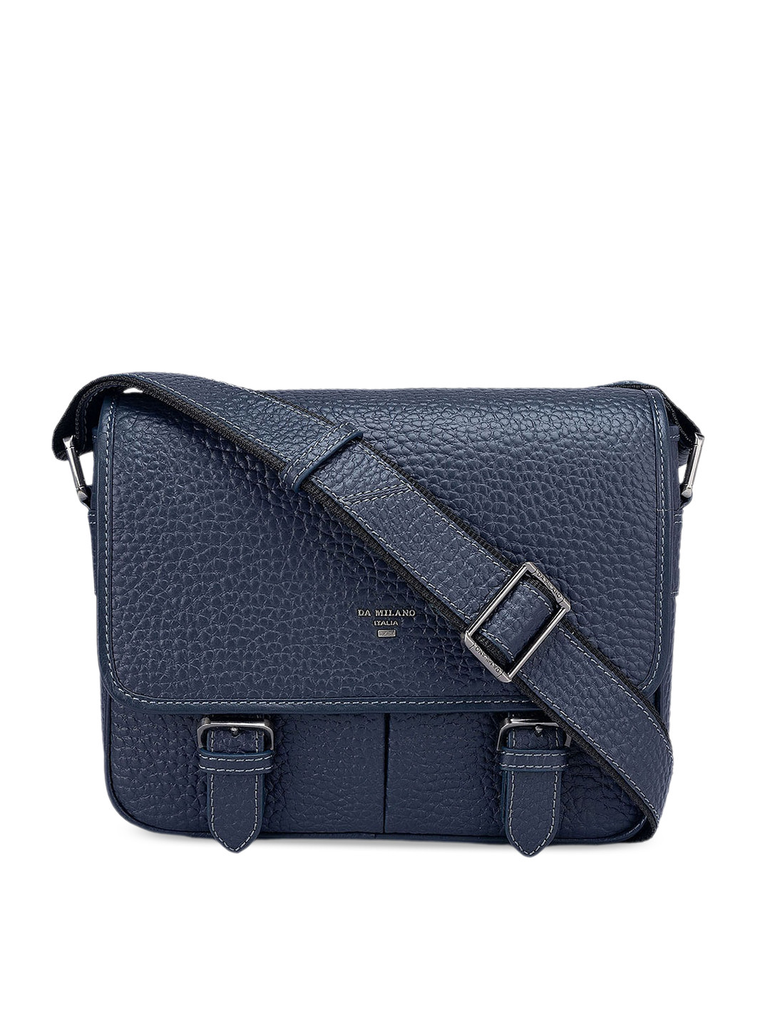 

Da Milano Textured Leather Buckle Detail Oversized Structured Sling Bag, Navy blue