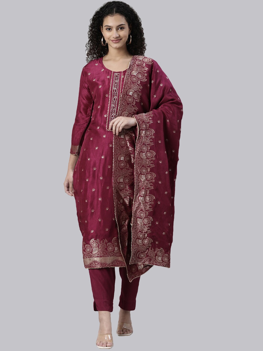 

Neerus Women Printed Thread Work Kurta With Trousers & Dupatta, Magenta