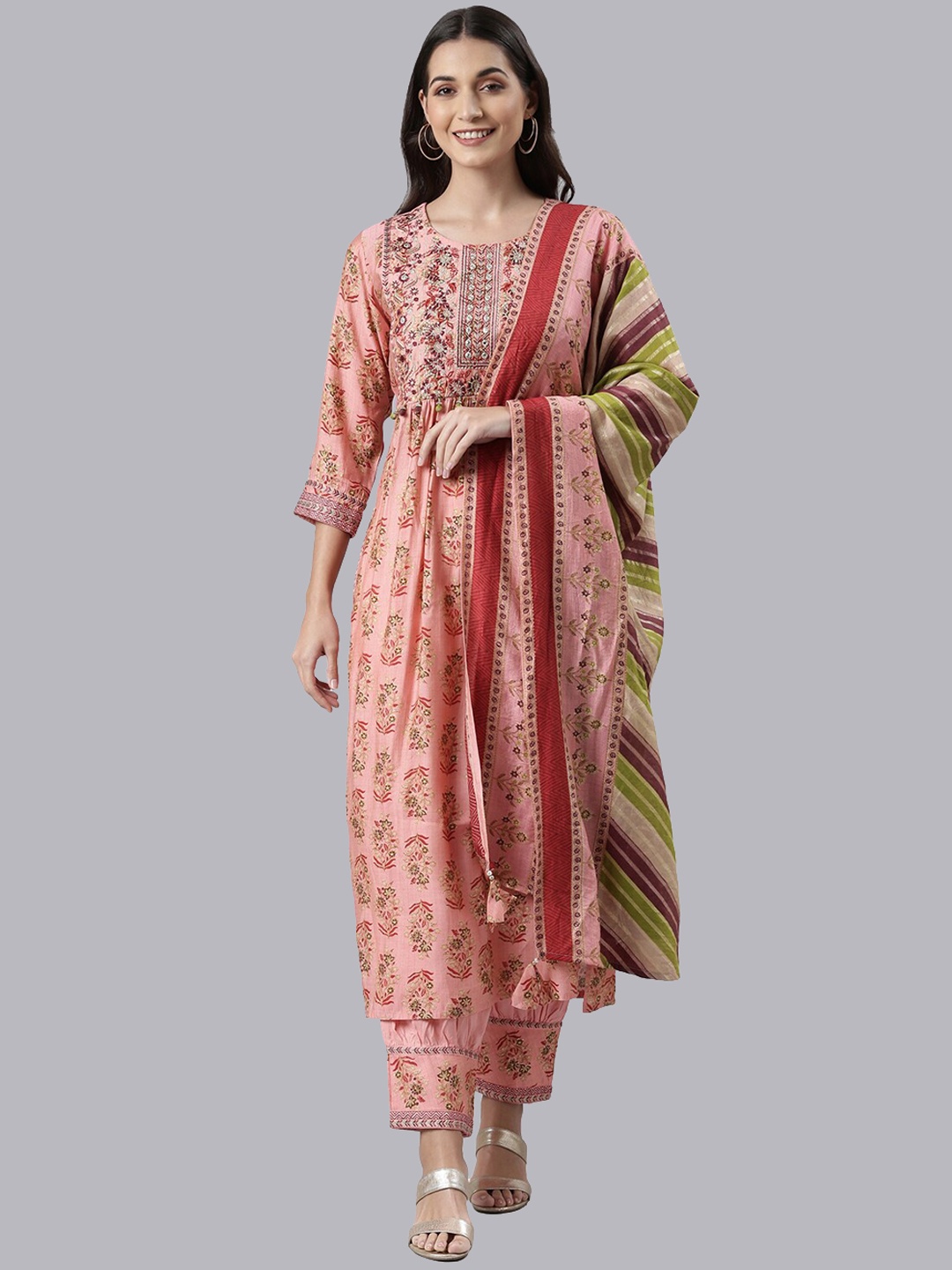 

Neerus Floral Embroidered Thread Work Kurta with Trousers & Dupatta, Coral
