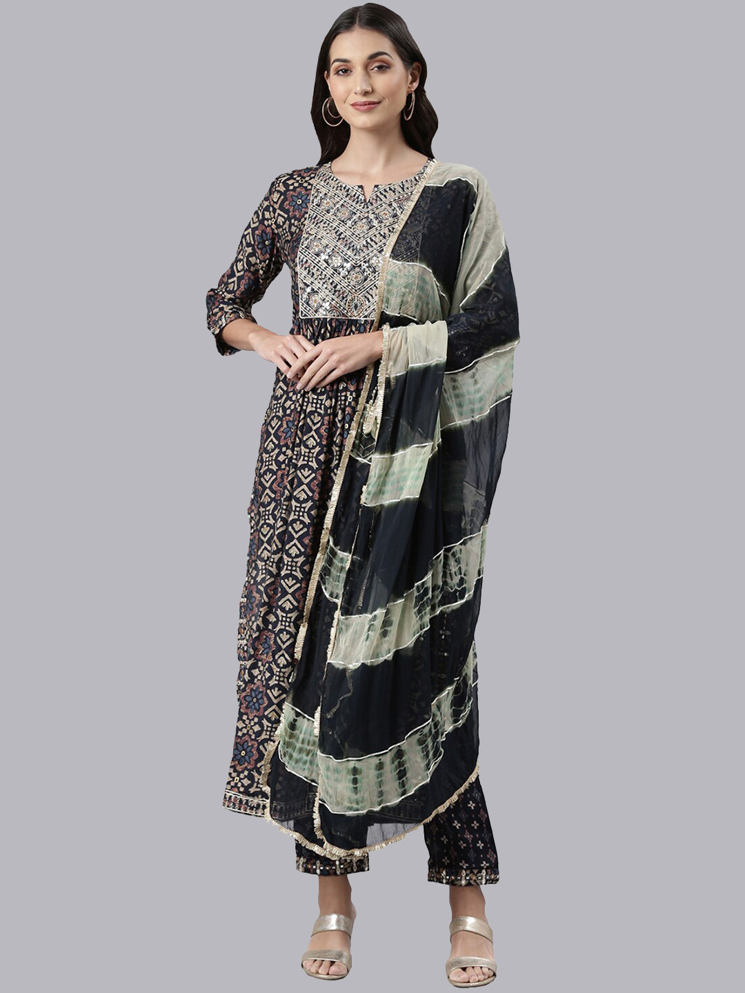 

Neerus Women Ethnic Motifs Printed Thread Work Kurta With Trousers & Dupatta, Navy blue