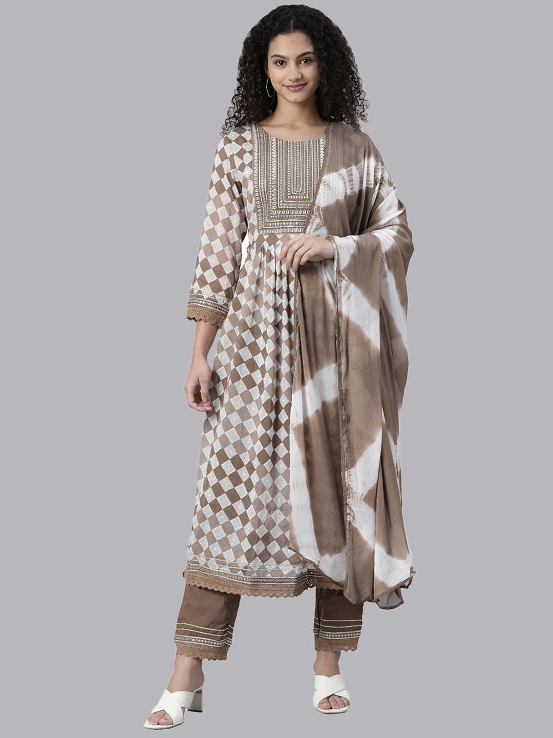 

Neerus Checked Printed Thread Work Anarkali Kurta With Trousers & Dupatta, Brown