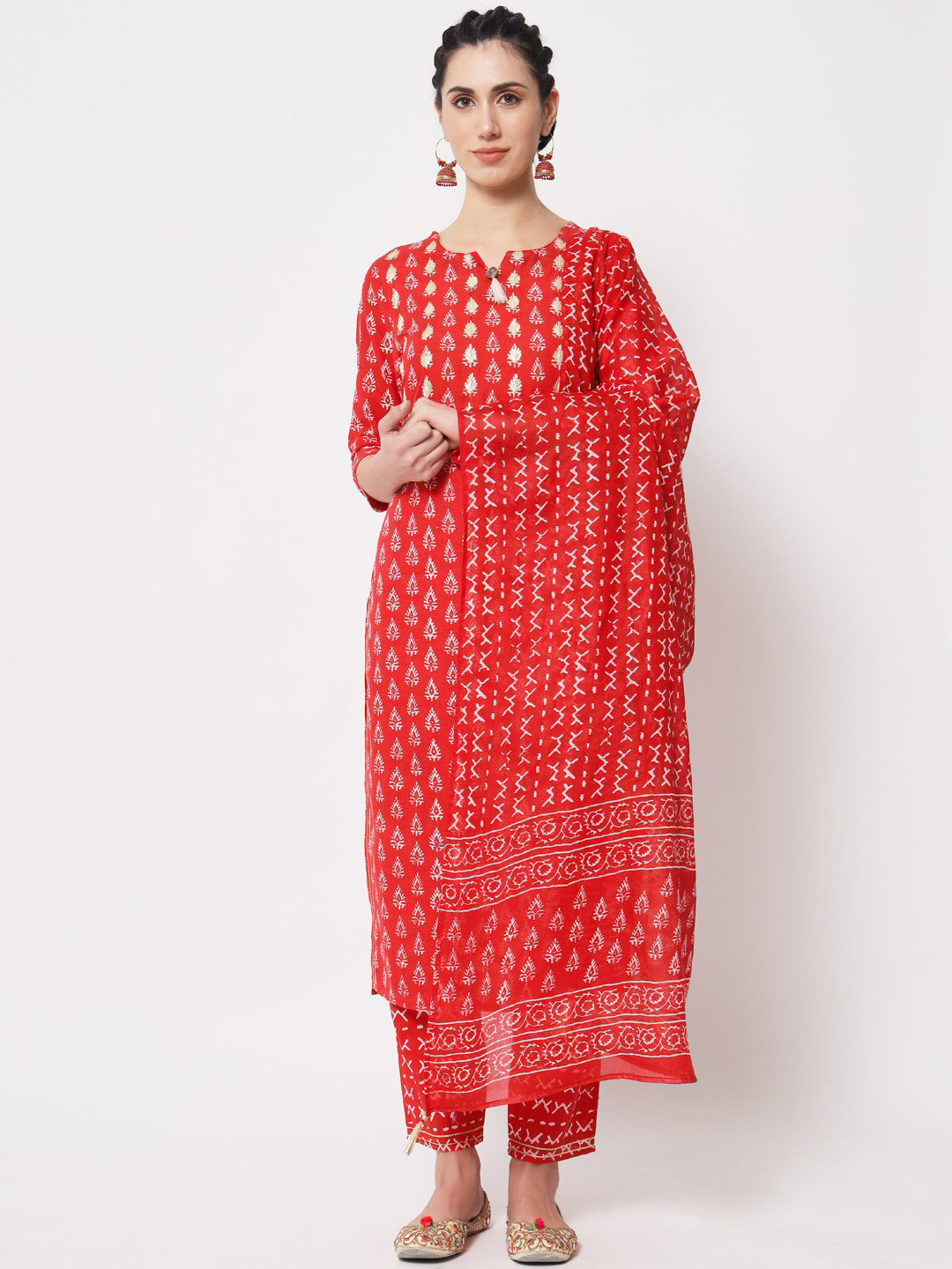 

Vastralay Women Floral Printed Notch Neck Pure Cotton Kurta with Trousers & Dupatta, Red