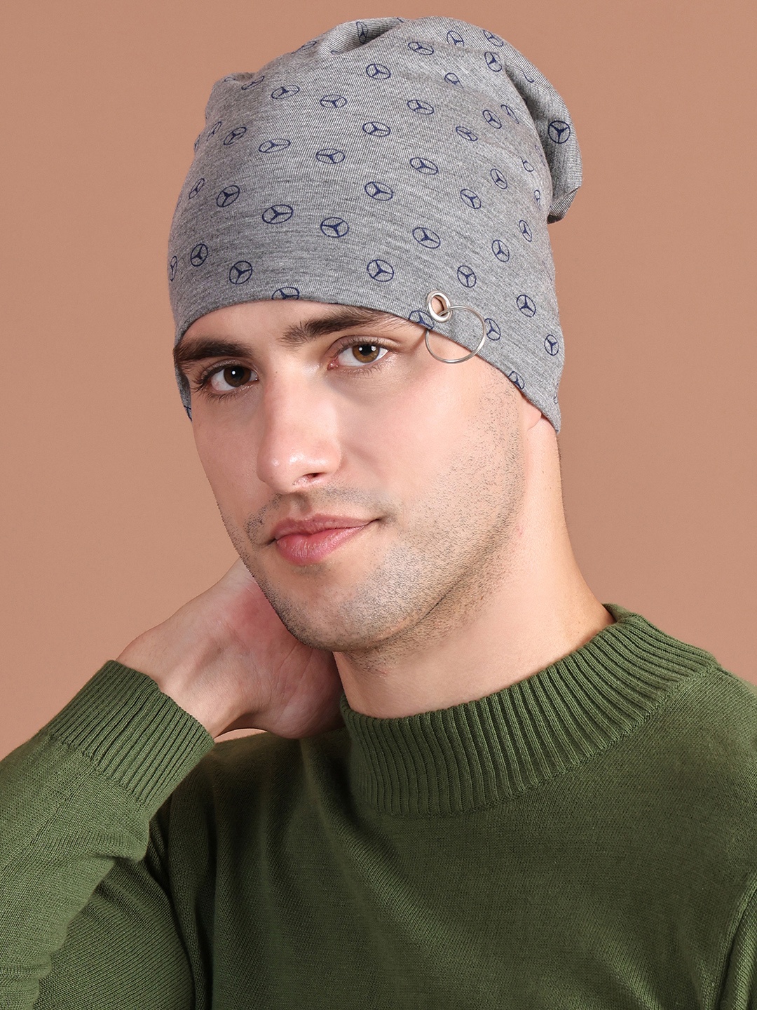

MACK JONNEY Men Grey Melange Printed Beanie