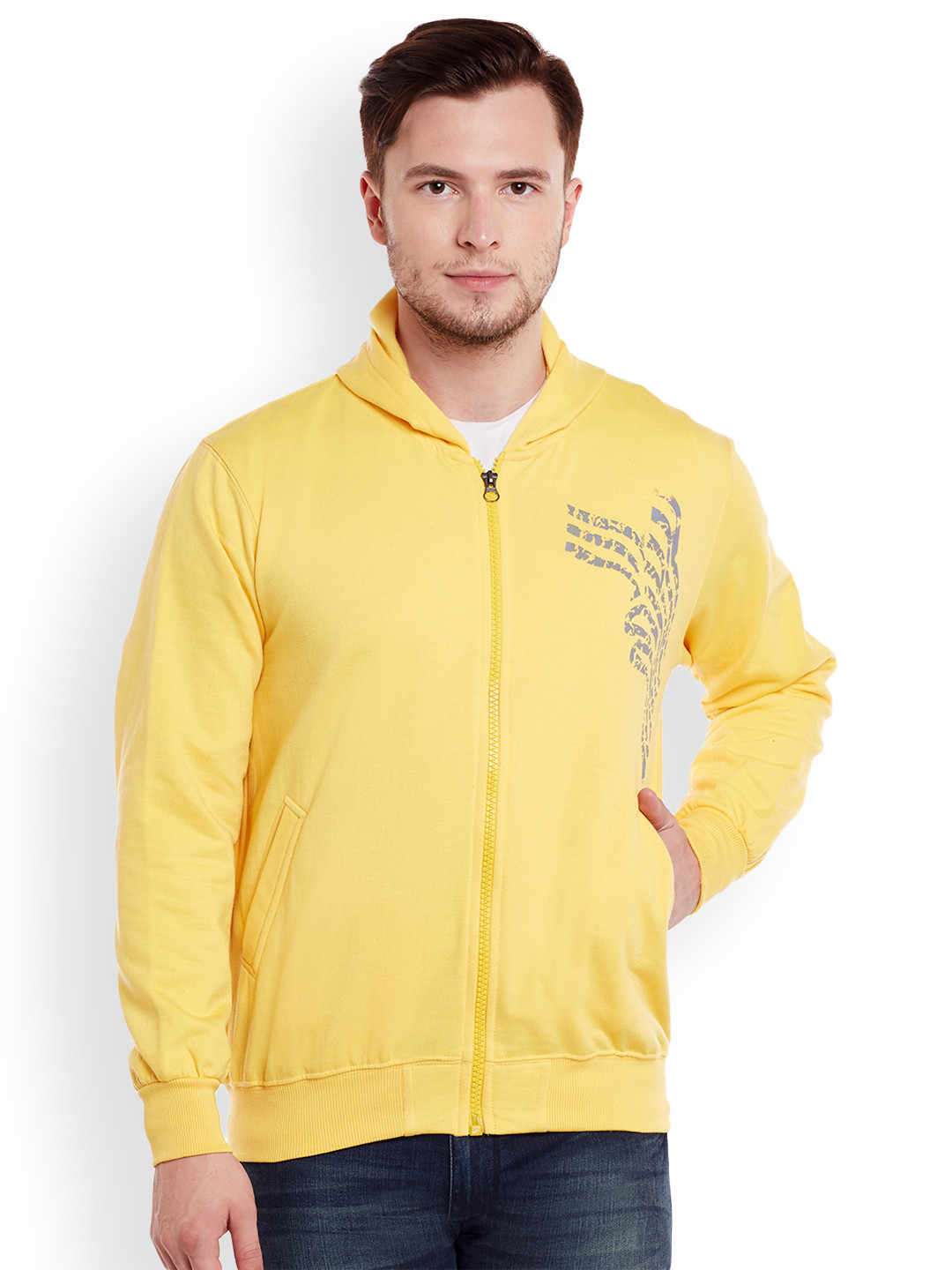

VIMAL Men Yellow Printed Hooded Sweatshirt