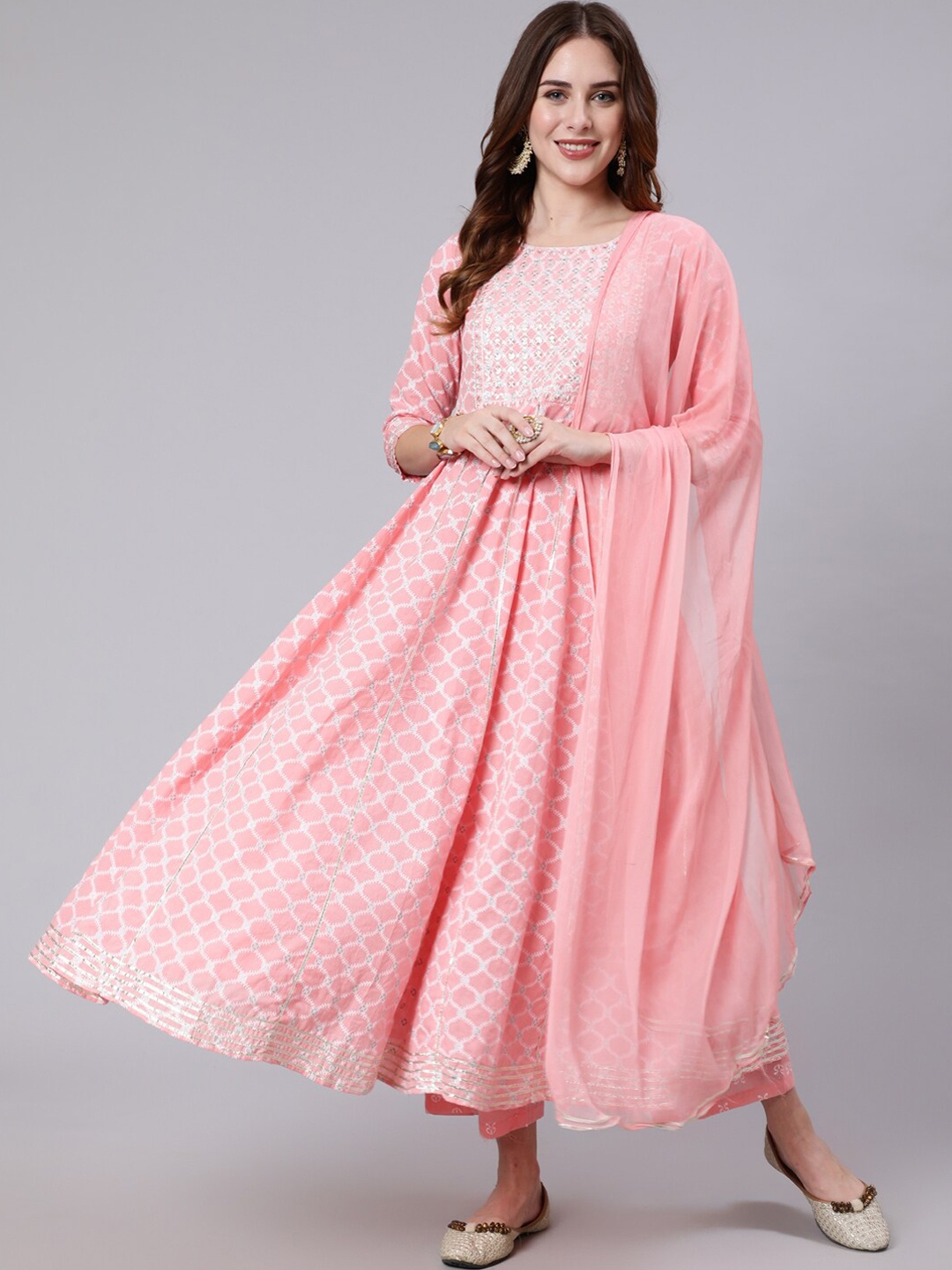 

INDIE CLOSET Women Printed Pure Cotton Kurta With Trousers & Dupatta, Pink