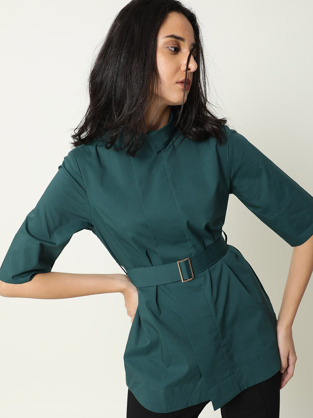 

RAREISM Shirt Style Longline Cotton Top, Green
