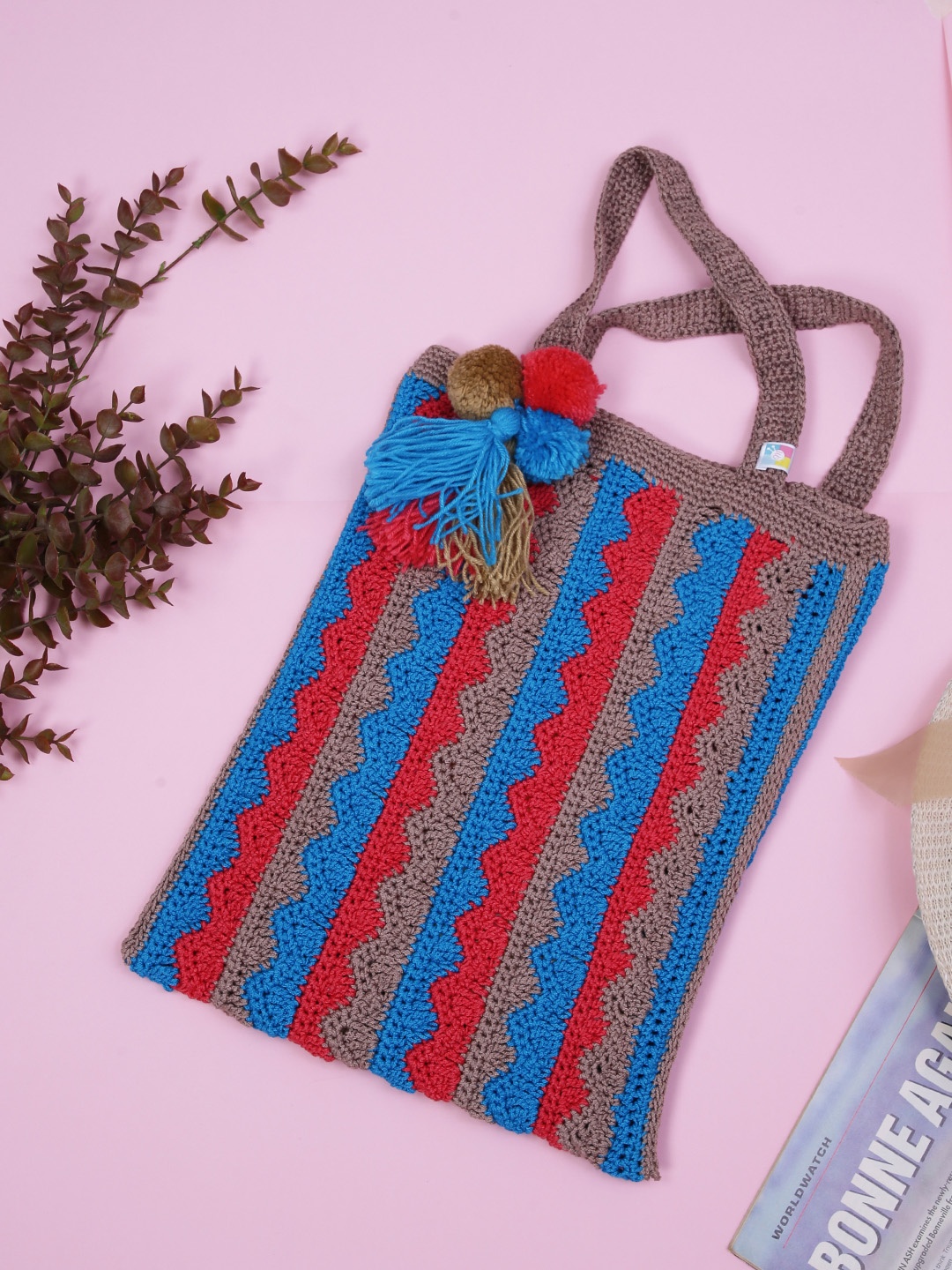 

Magic Needles Colourblocked Shopper Cotton Tote Bag with Tasselled, Blue