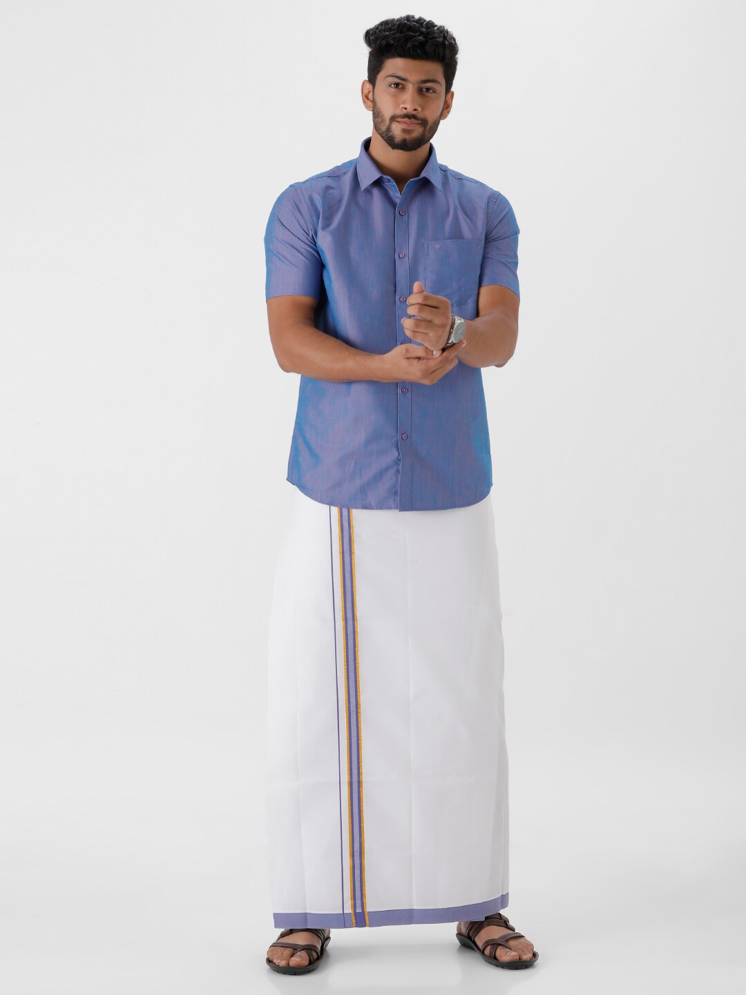 

Ramraj Men Pure Cotton Shirt With Zari Border Dhoti, Blue