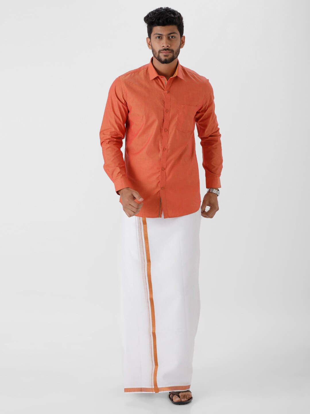 

Ramraj Men Pure Cotton Shirt With Zari Border Dhoti, Orange