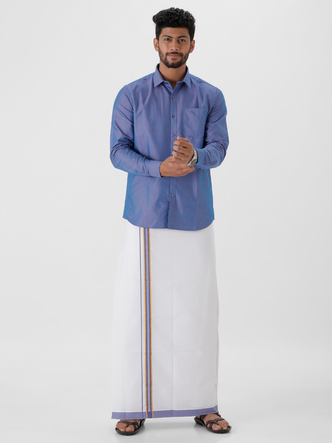 

Ramraj Men Pure Cotton Shirt With Zari Border Dhoti, Blue