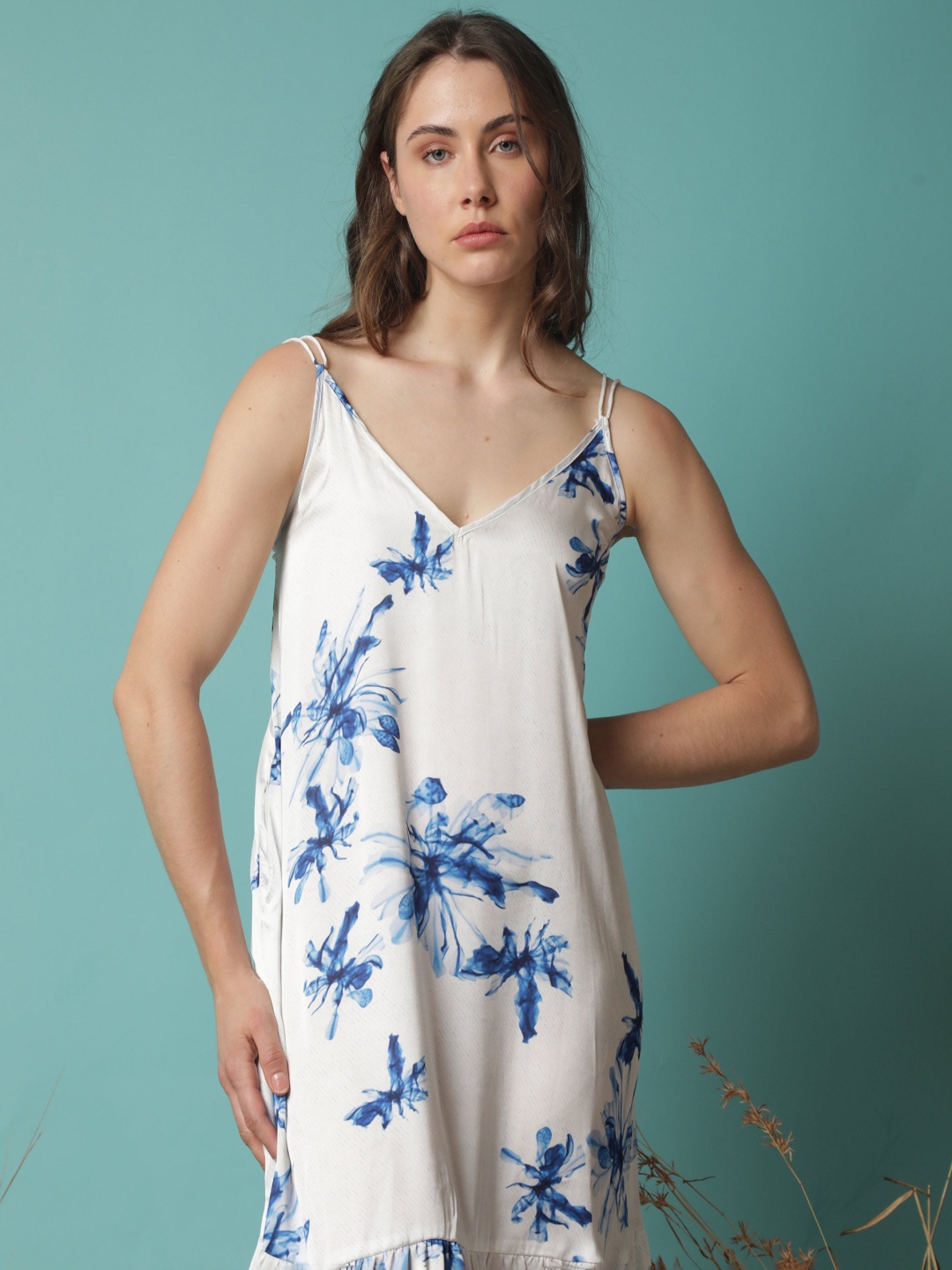 

RAREISM Floral Printed A-Line Midi Dress, White