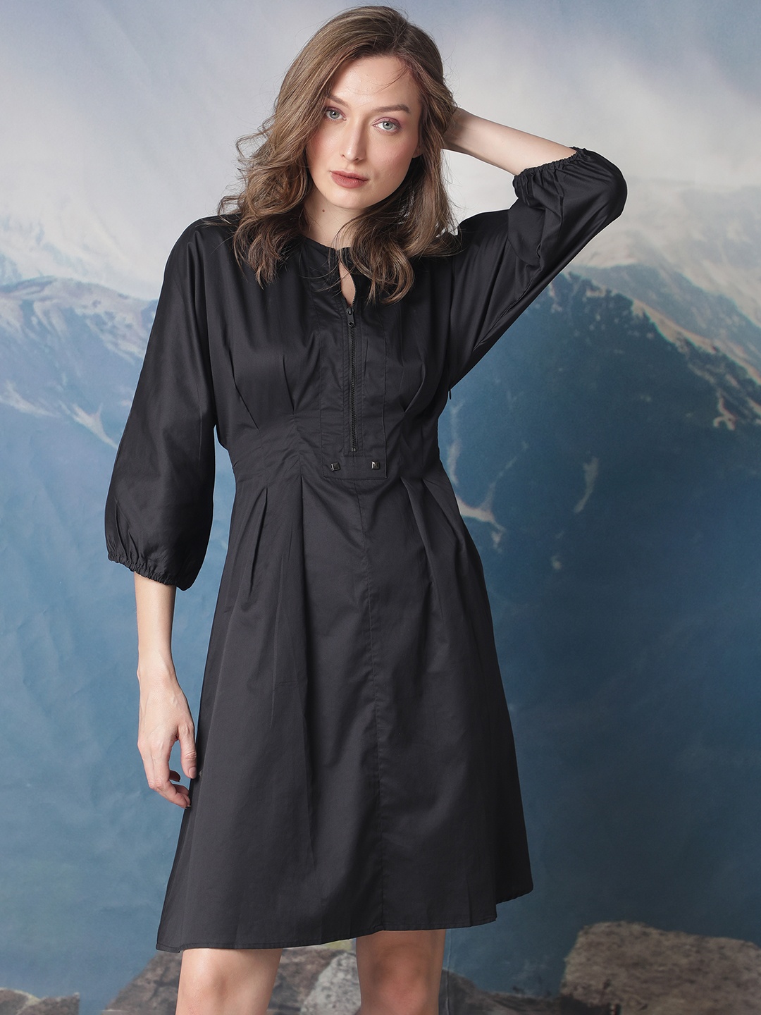 

RAREISM Puffed Sleeves Fit & Flare Cotton Dress, Black