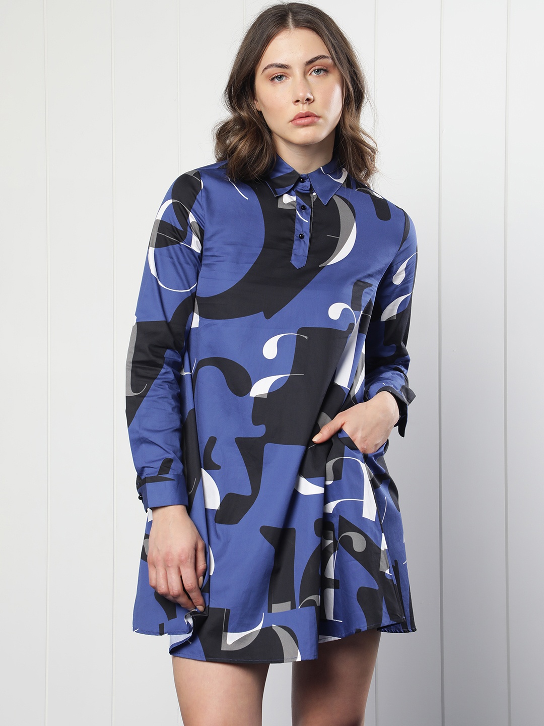 

RAREISM Cuffed Sleeves Cotton Shirt Dress, Blue