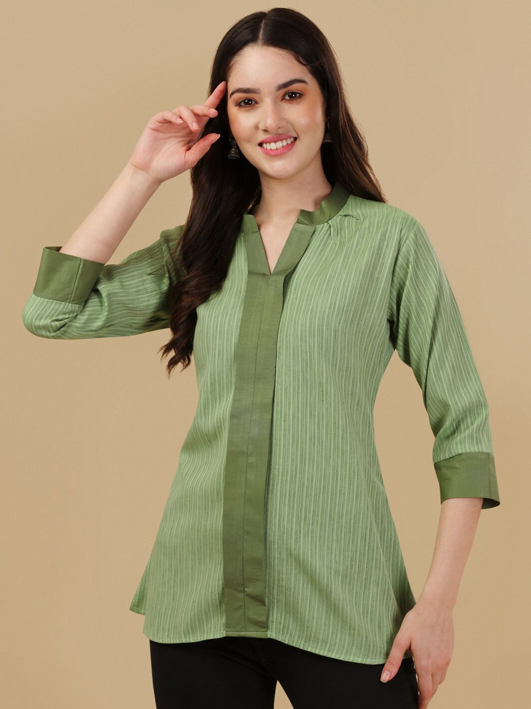 

GUFRINA Striped Mandarin Collar Longline Top, Green