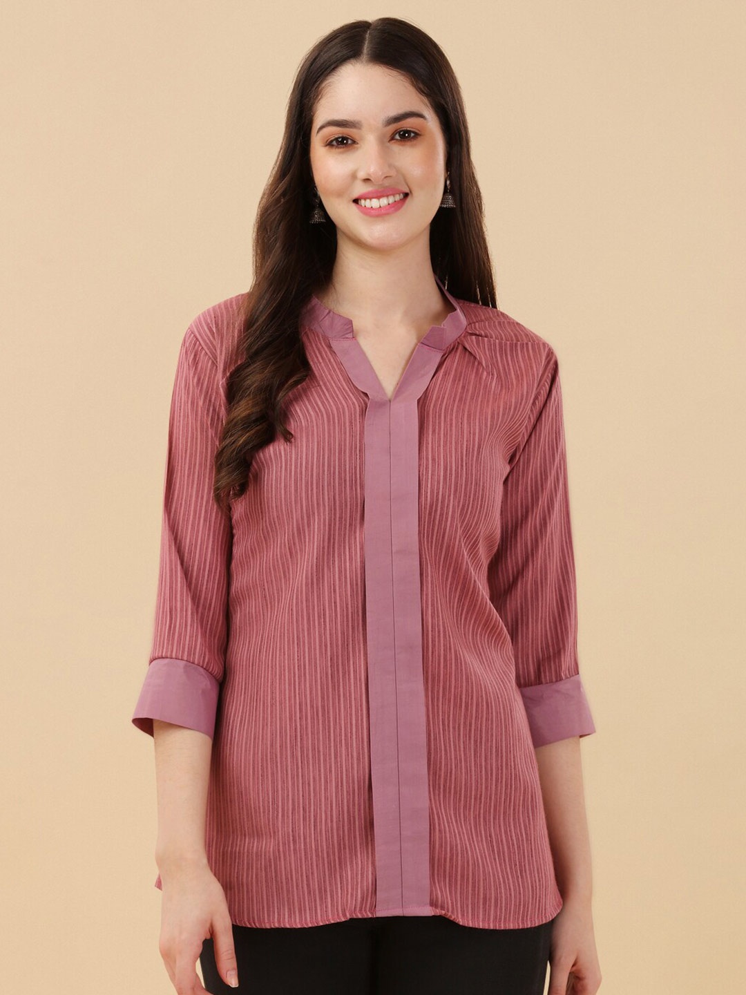 

GUFRINA Mandarin Collar Striped Longline Top, Rust