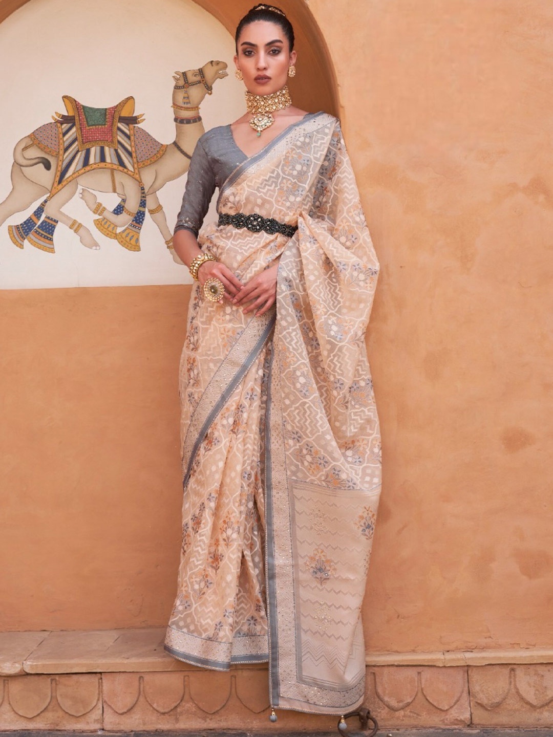 

Mitera Ethnic Motif Woven Design Beads And Stone Tissue Patola Saree, Beige