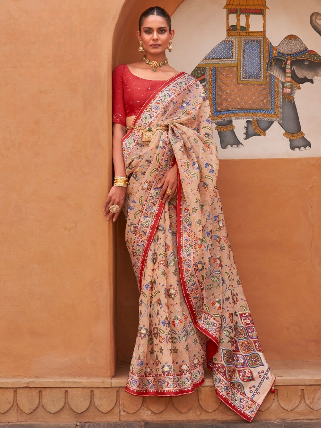 

Mitera Ethnic Motif Woven Design Beads And Stone Tissue Patola Saree, Beige