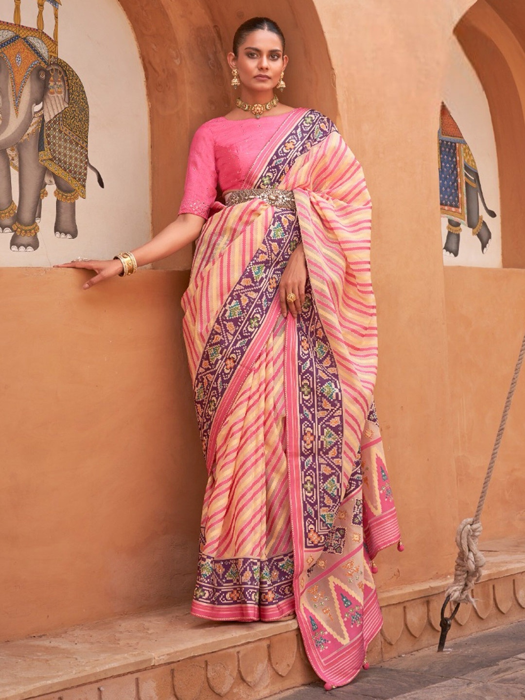 

Mitera Striped Woven Design Mirror Work Tissue Patola Saree, Cream