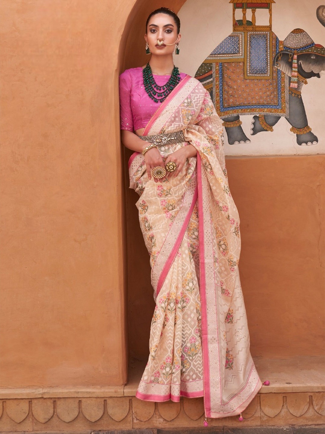 

Mitera Ethnic Motif Woven Design Beads And Stone Tissue Patola Saree, Cream