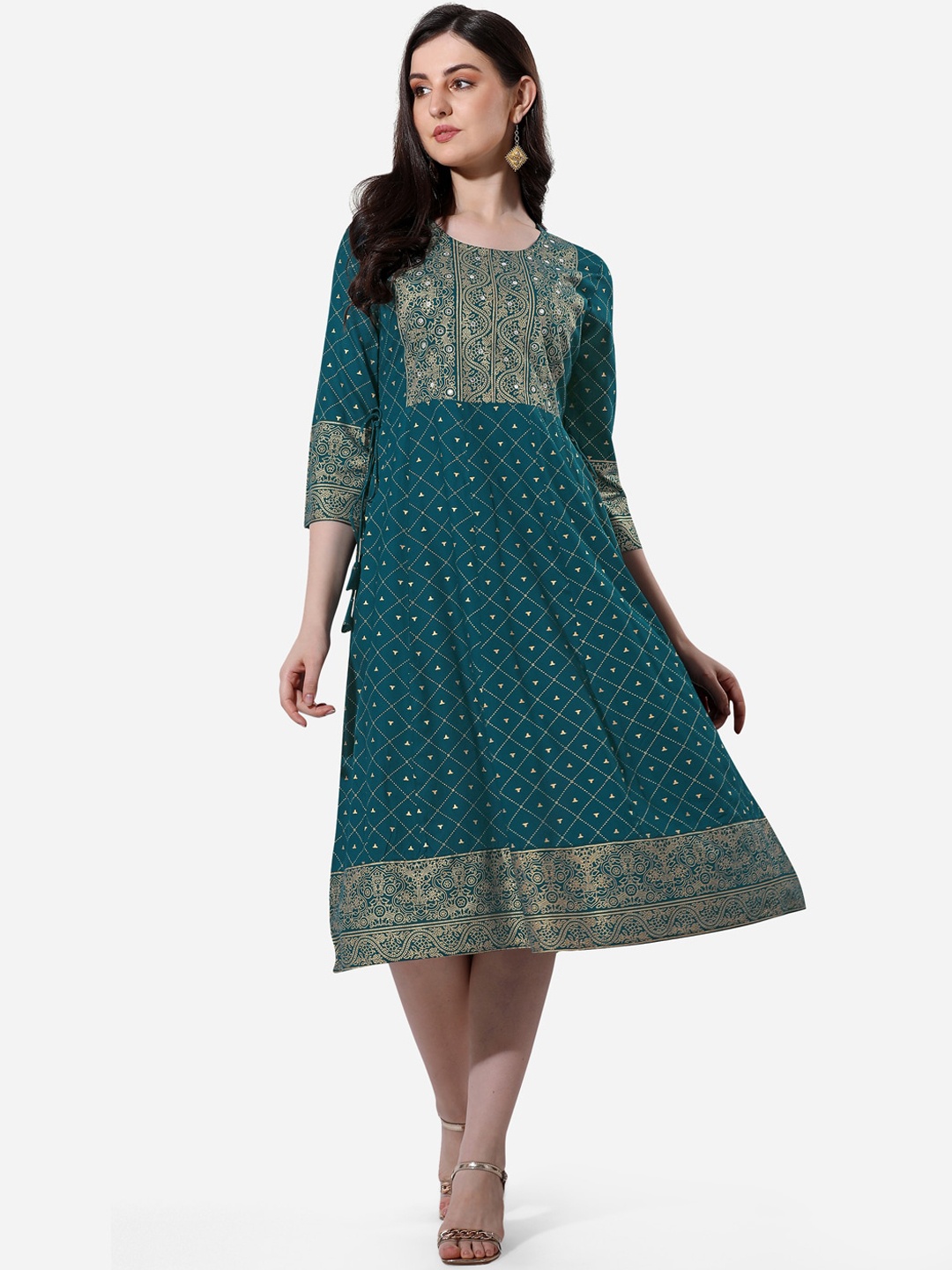 

MIRCHI FASHION Women Ethnic Printed Tie-Ups Fit And Flare Ethnic Dress, Turquoise blue