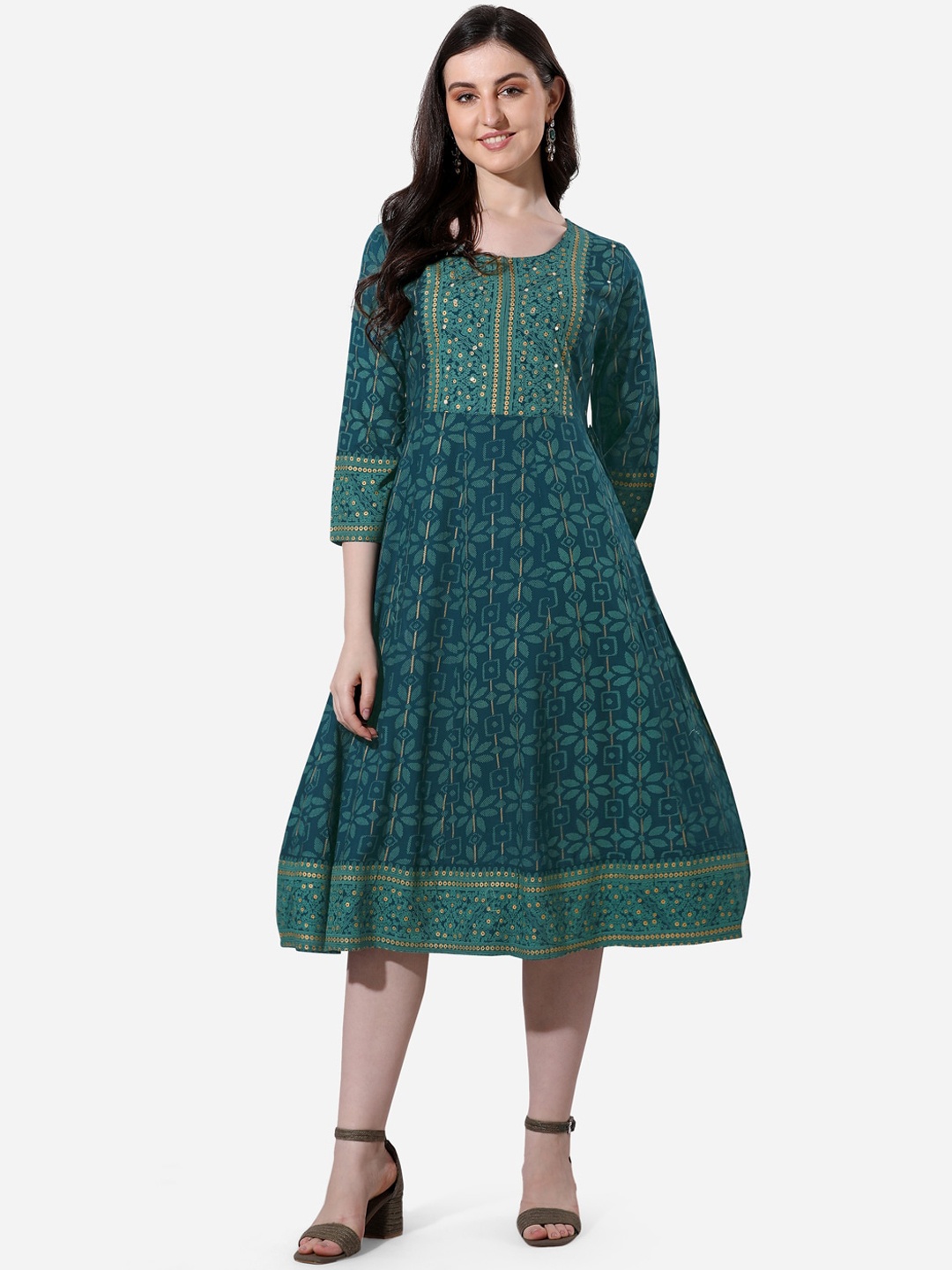 

MIRCHI FASHION Ethnic Motifs Printed Midi Ethnic Dress, Green