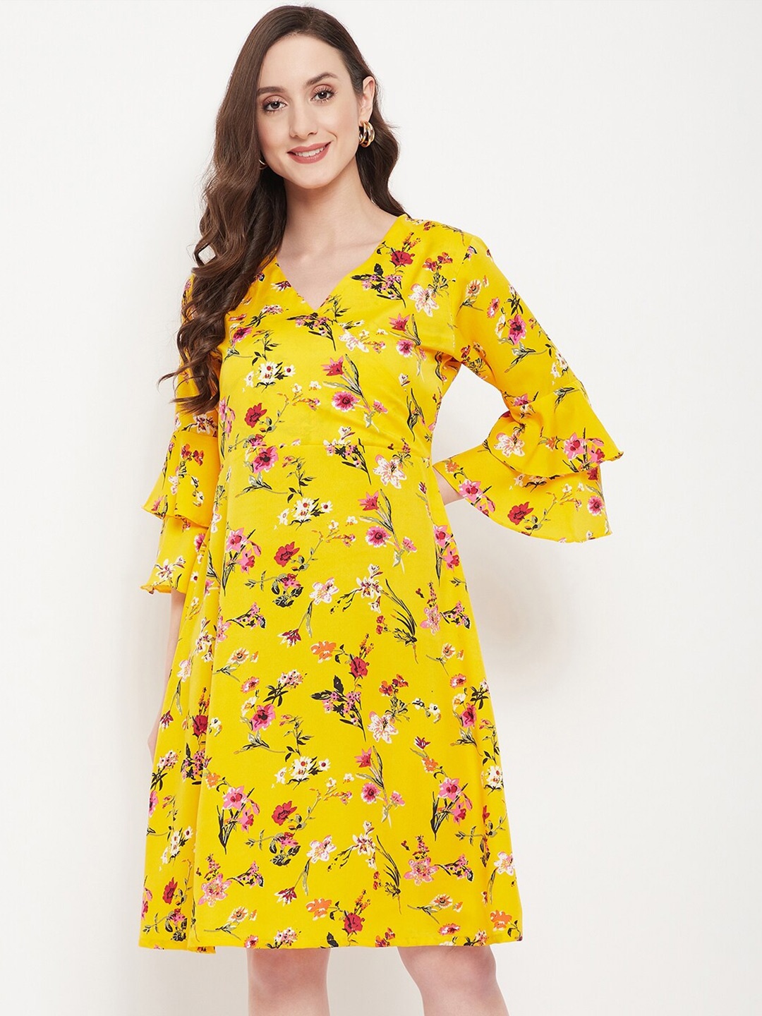 

Uptownie Lite Floral Printed Bell Sleeve A-Line Dress, Yellow