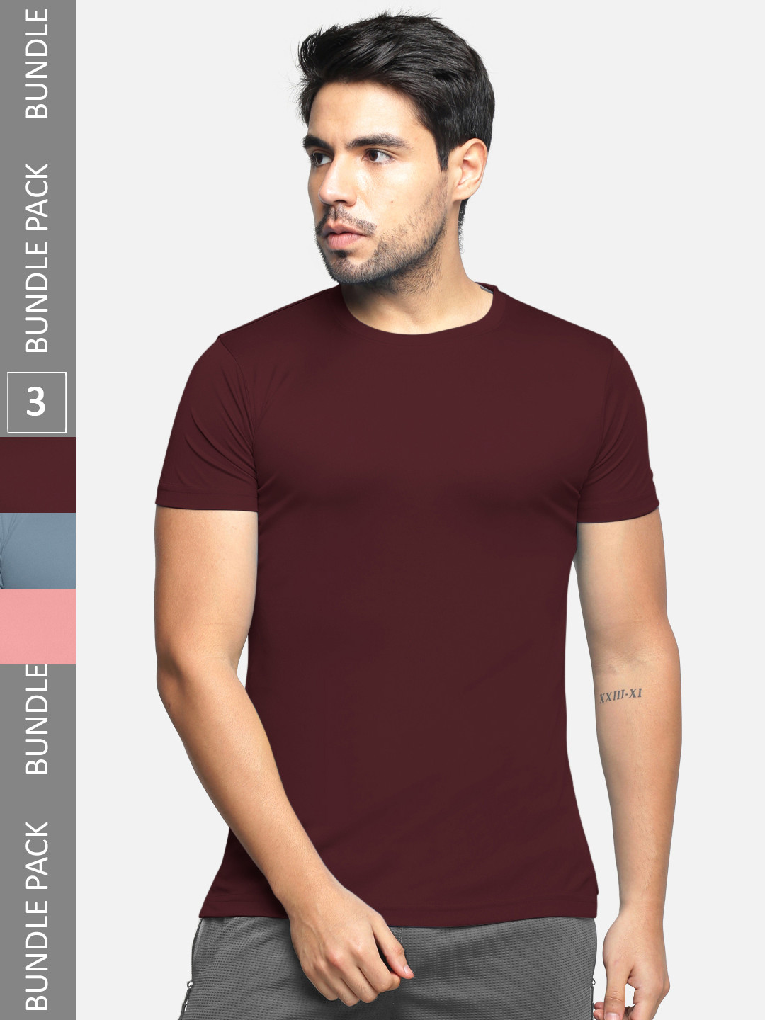

BULLMER Men Pack Of 3 Round Neck Slim Fit Cotton T-shirt, Maroon