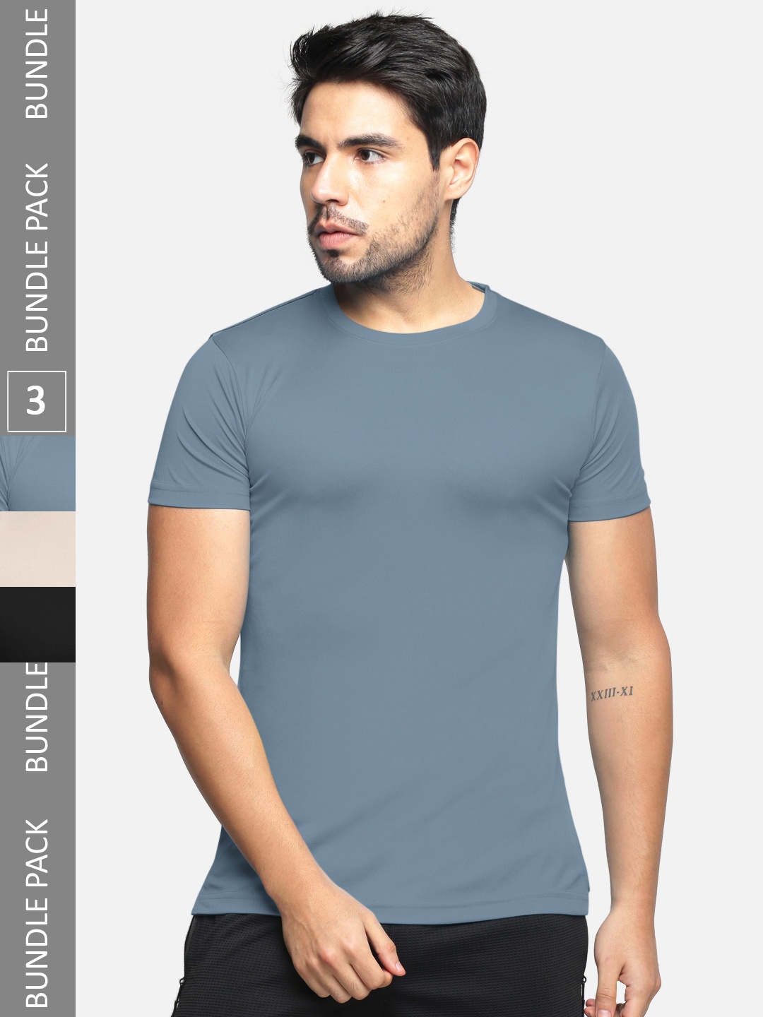 

BULLMER Men Pack of 3 Round Neck Cotton T-shirt, Grey