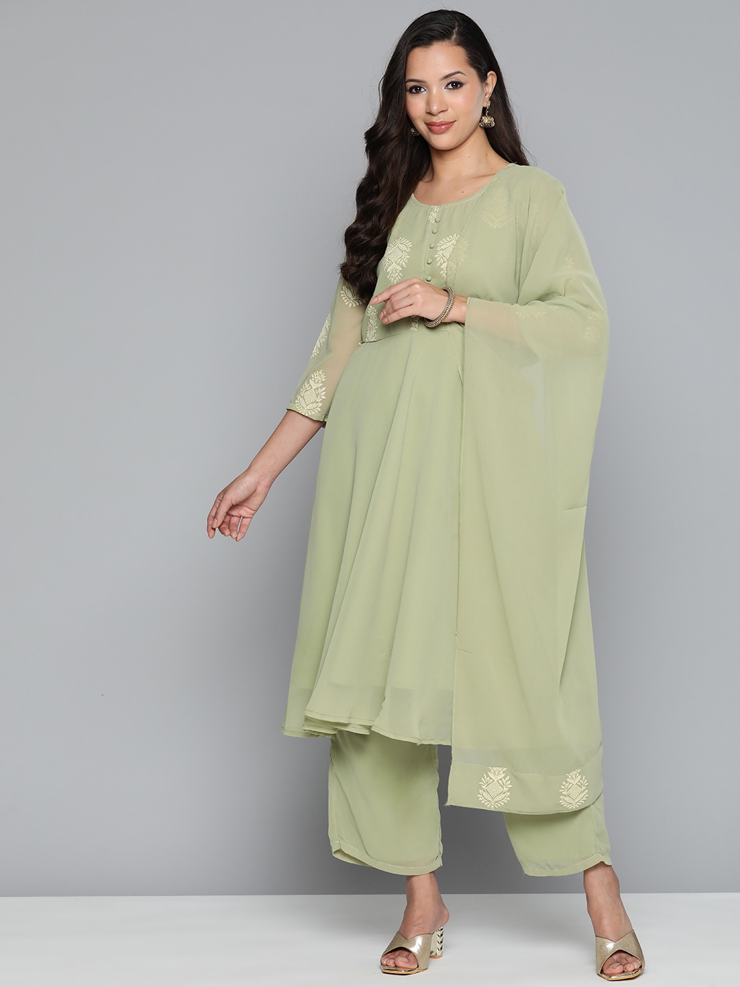 

Jompers Ethnic Motifs Printed Georgette Kurta with Palazzos & With Dupatta, Green