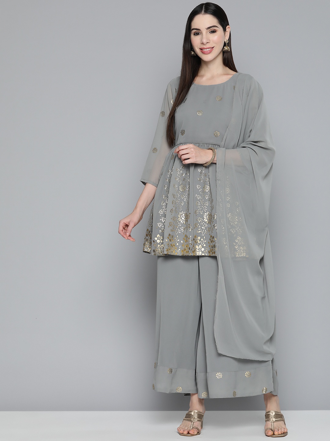 

Jompers Floral Printed Pleated Georgette Kurta with Palazzos & With Dupatta, Grey