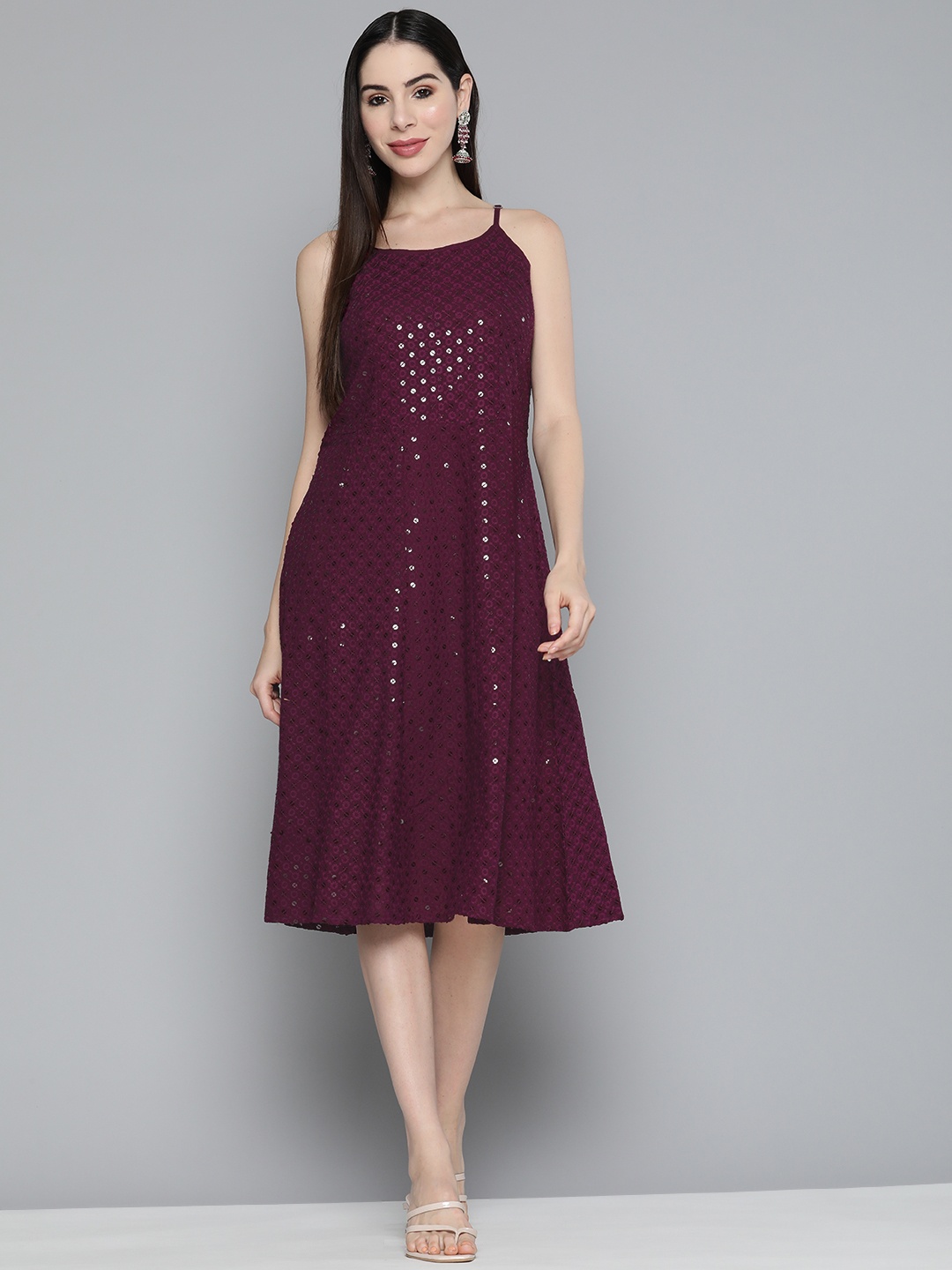 

Jompers Floral Embroidered A-Line Midi Dress, Burgundy