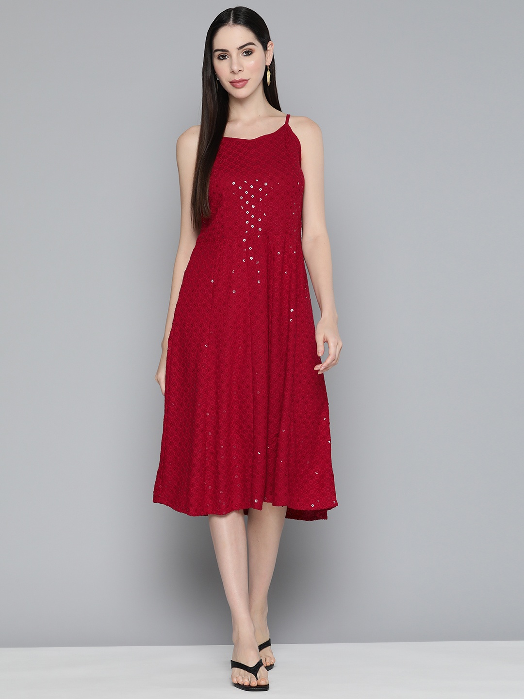 

Jompers Floral Embroidered A-Line Midi Dress, Red