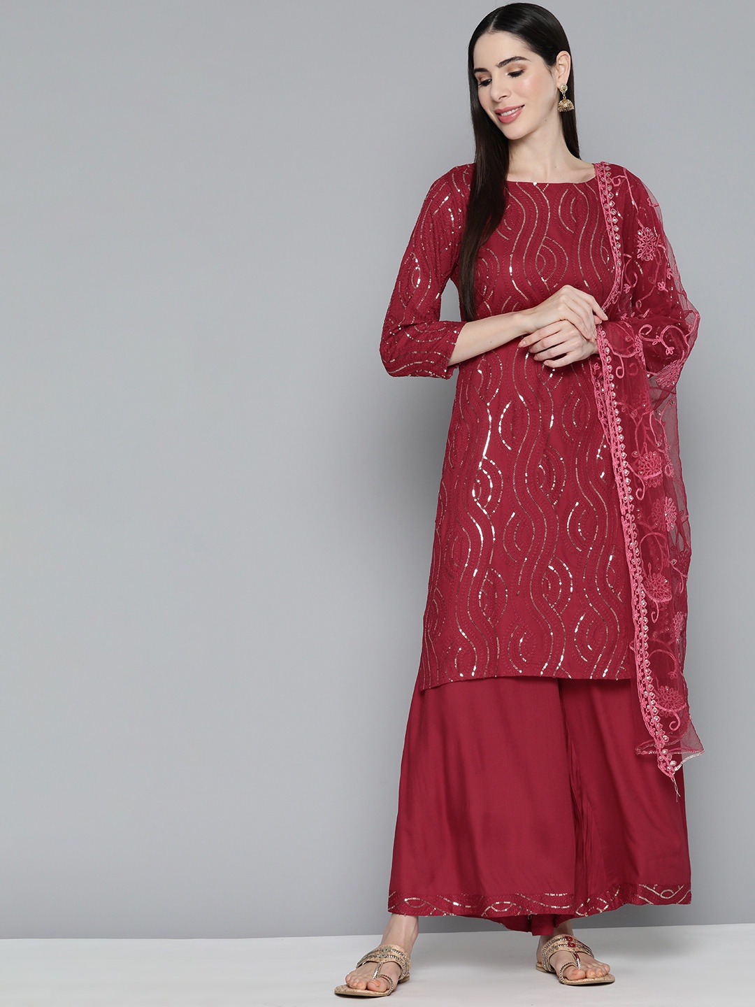 

Jompers Leheriya Sequinned Kurta with Palazzos & With Dupatta, Maroon