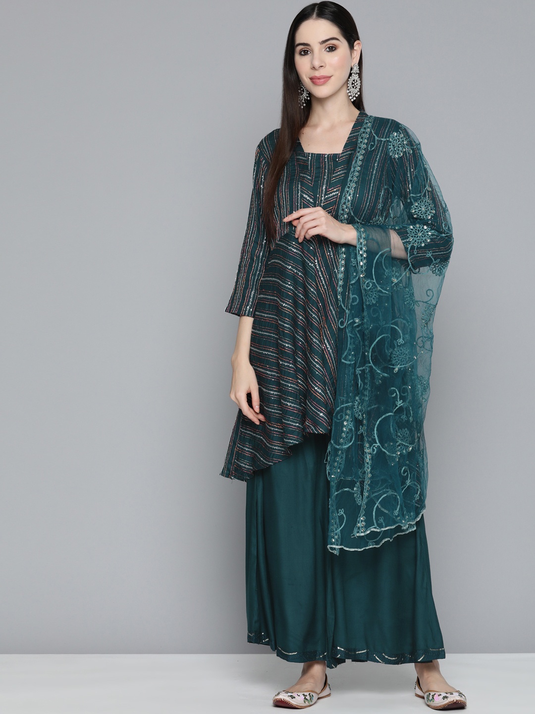 

Jompers Sequinned Kurta with Palazzos & With Dupatta, Teal