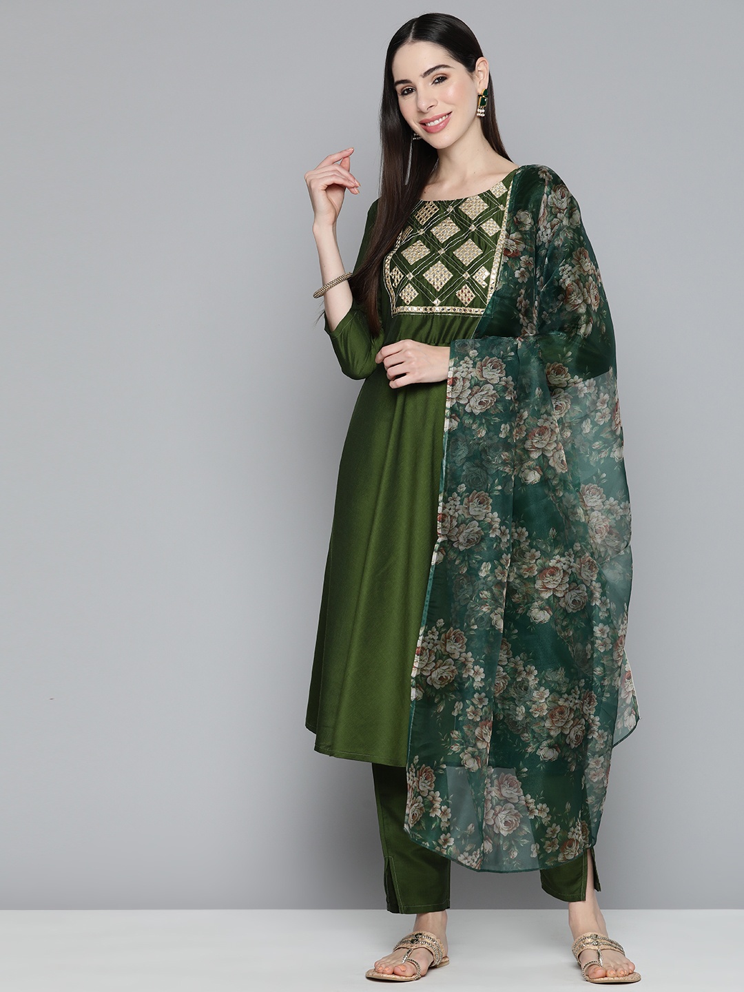 

Jompers Yoke Design Pleated Mirror Work Kurta with Trousers & With Dupatta, Olive