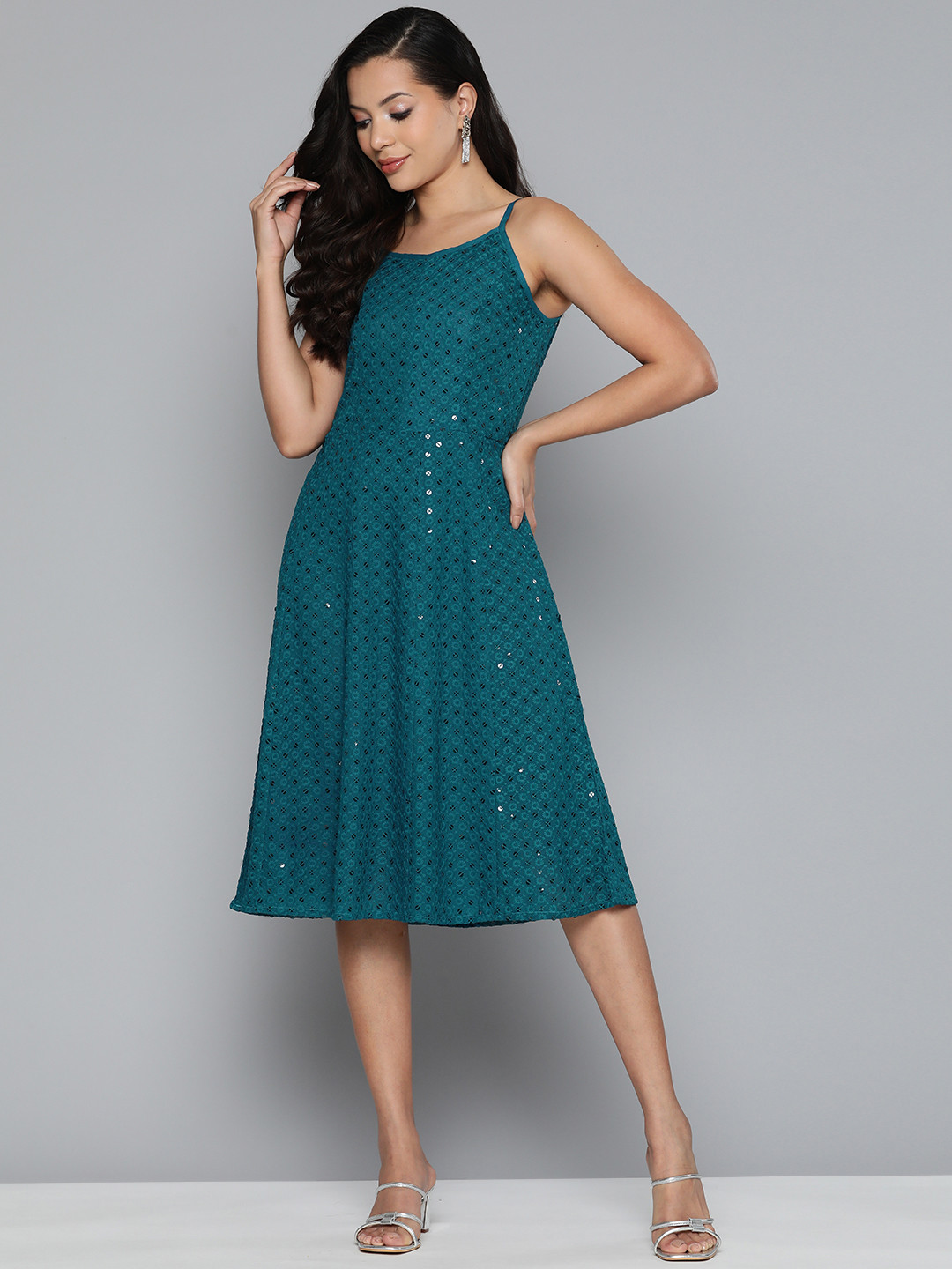 

Jompers Floral Embroidered A-Line Midi Dress, Teal