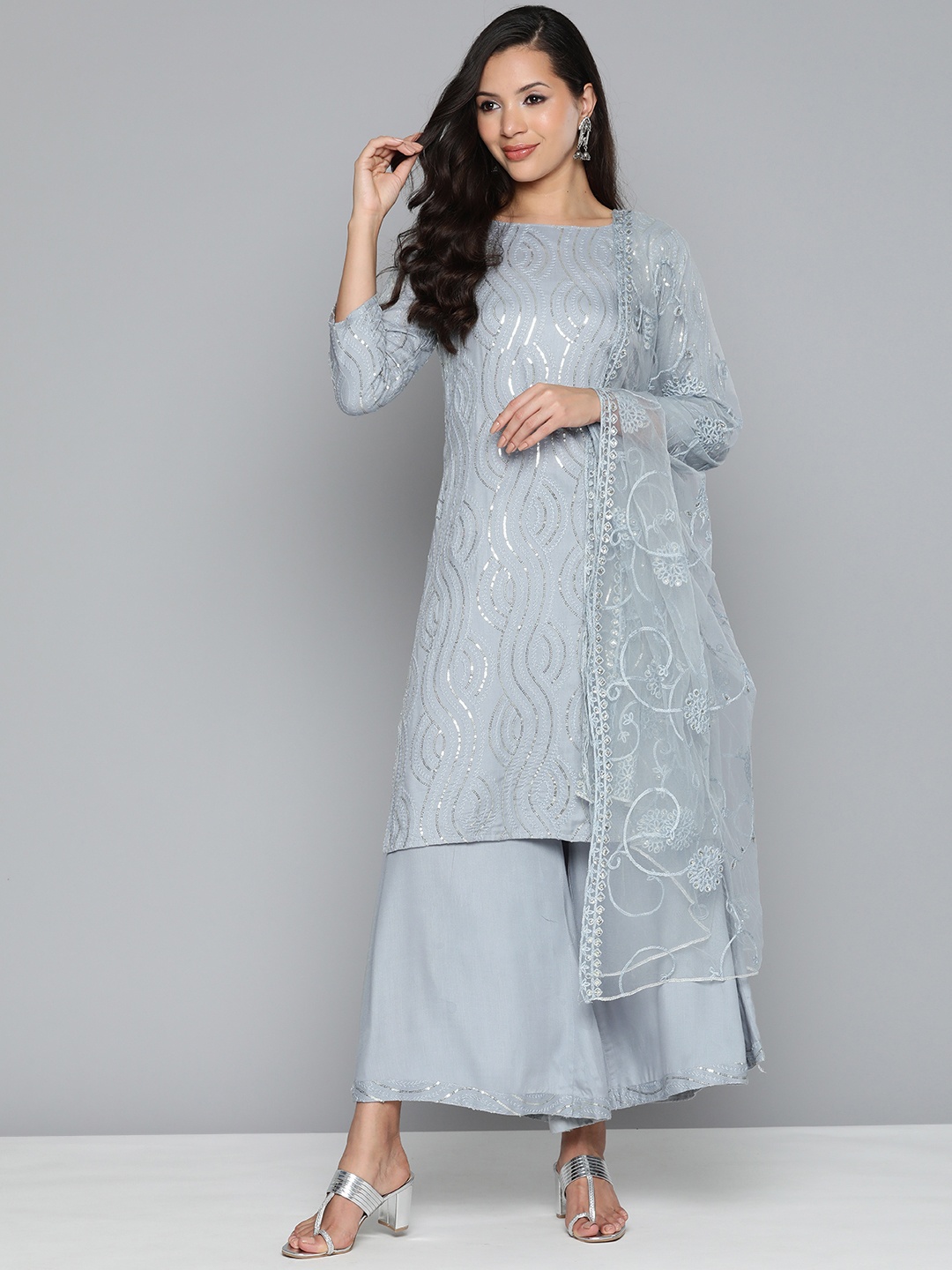 

Jompers Leheriya Sequinned Kurta with Palazzos & With Dupatta, Grey