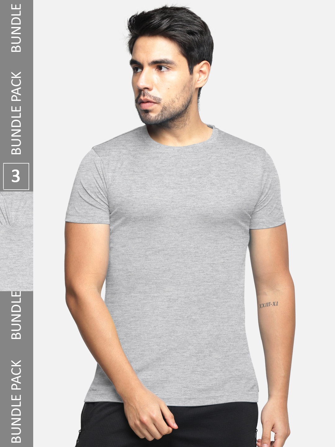 

BULLMER Pack Of 3 Men Round Neck Cotton T-shirts, Grey