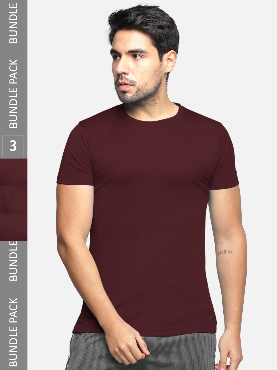 

BULLMER Pack Of 3 Men Round Neck Cotton T-shirts, Maroon