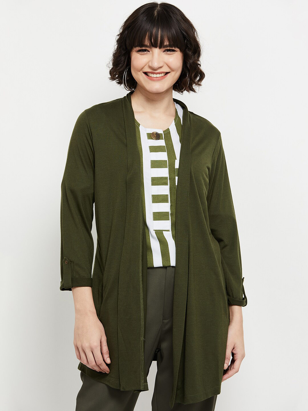 

max Women Open Front Longline Shrug, Green