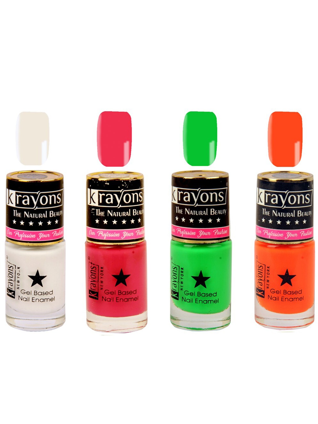 

krayons Set of 4 Long-Lasting & Quick Dry Gel Based Nail Enamel 6 ml Each - Twilight Pink - Neon Green - White Canvas - Neon Orange, Multi