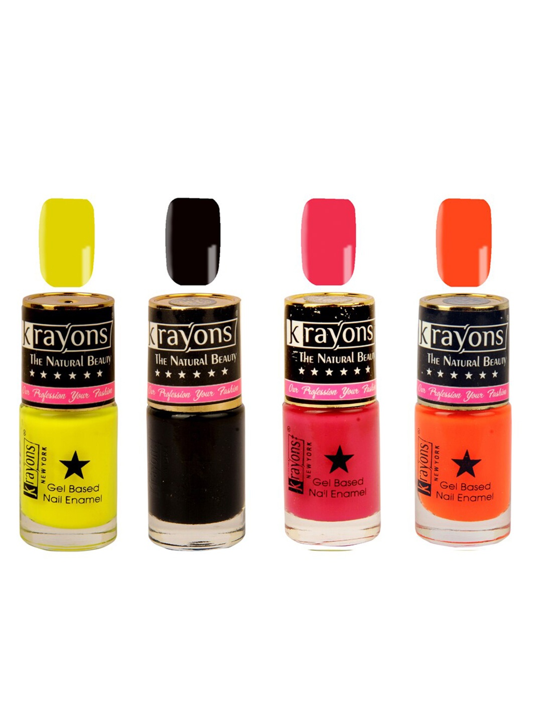 

krayons Set of 4 Long-Lasting & Quick Dry Gel Based Nail Enamel 6 ml Each -Black Sea - Neon Yellow - Neon Orange - Twilight Pink, Multi